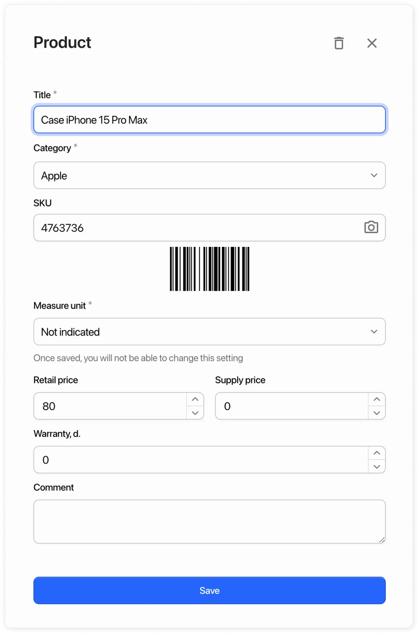 Product card in inventory