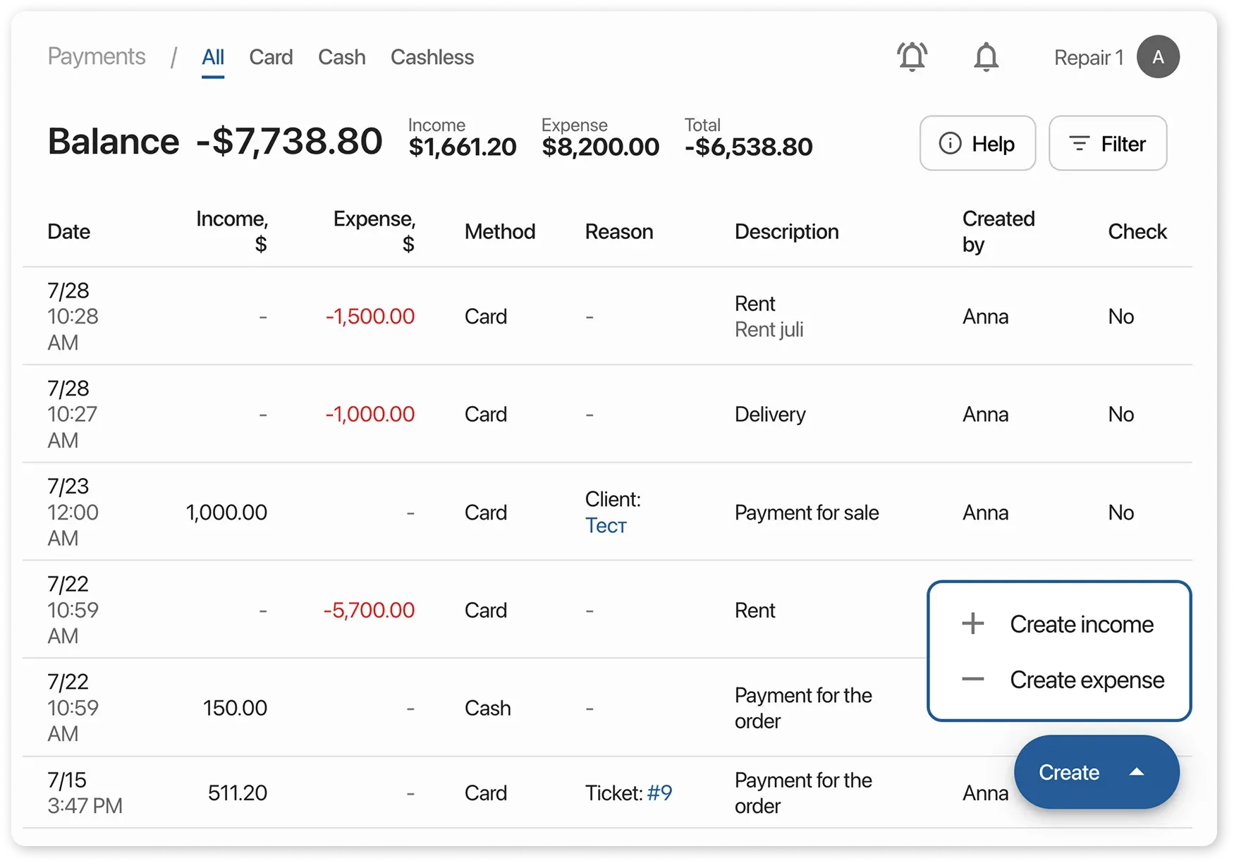 Create income and expense