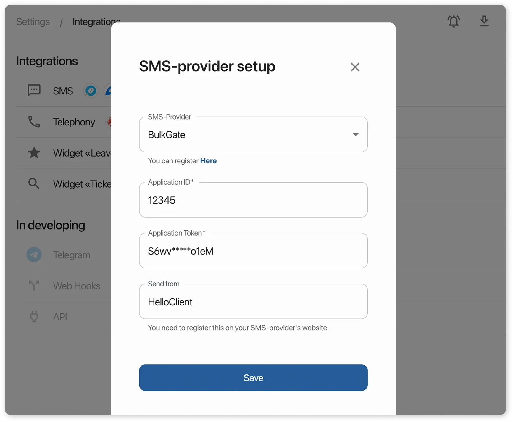 Integration setup card with BulkGate in HelloClient