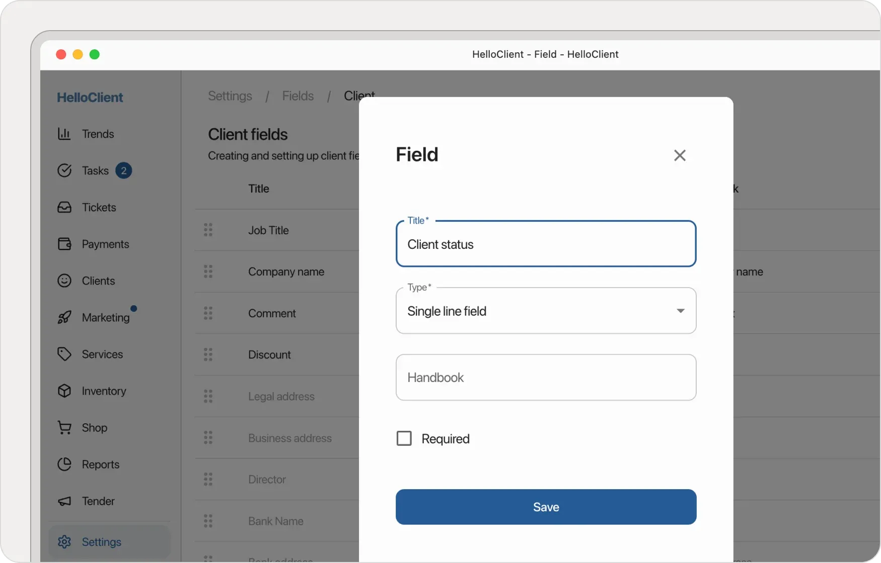 Creating new field for client card