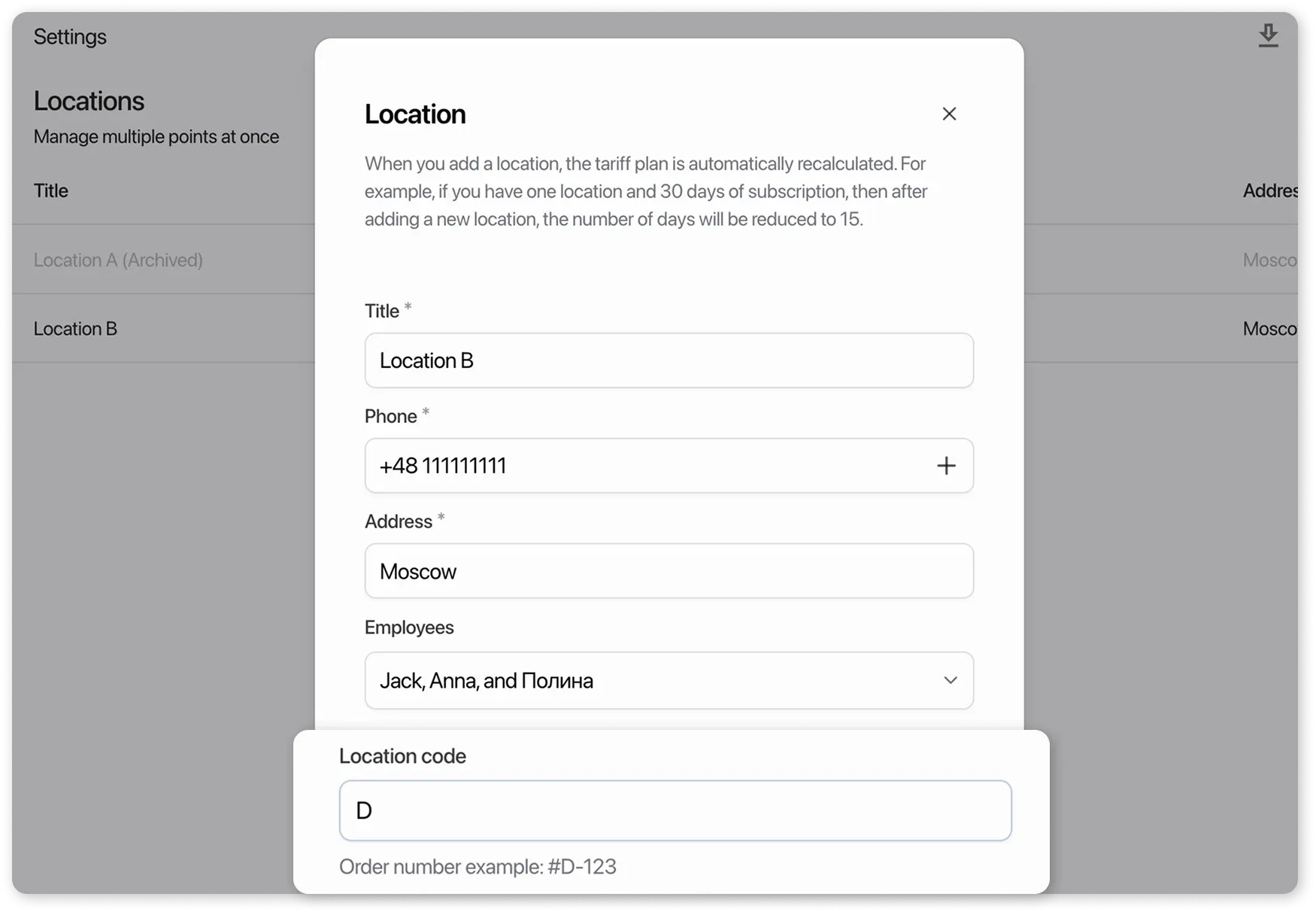 Location cards - location code