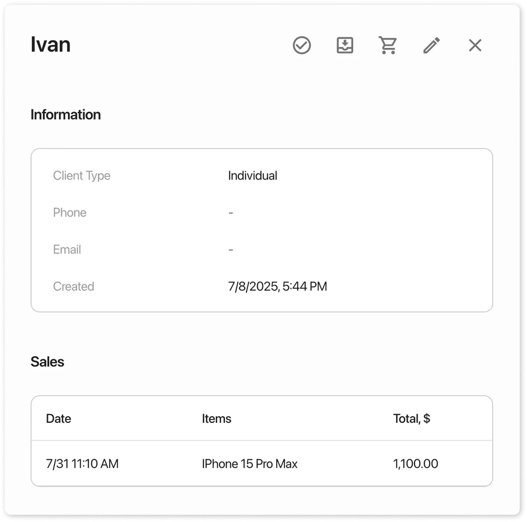 История продаж в карточке клиента
