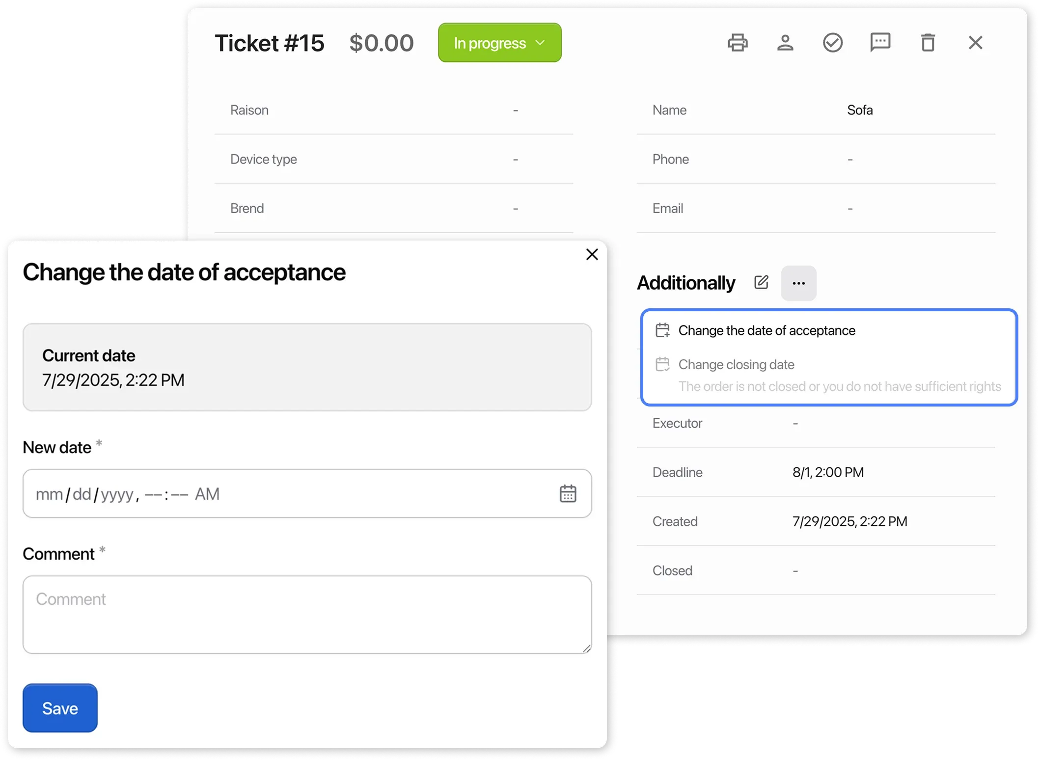 Order card - Change date