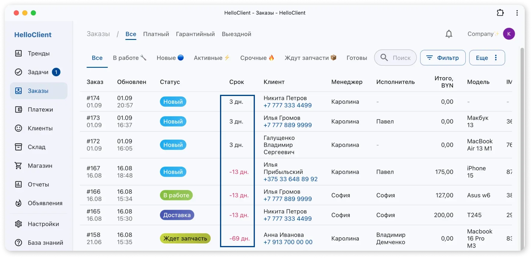 Отображение срока выполнения в таблице