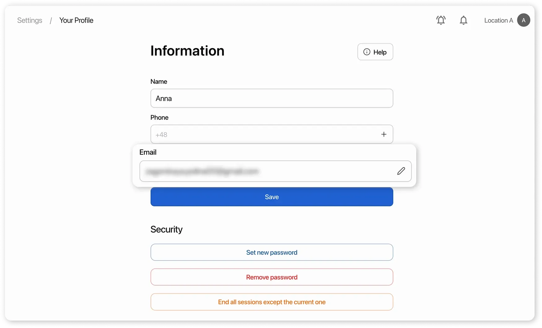 “Settings” → “Your Profile”