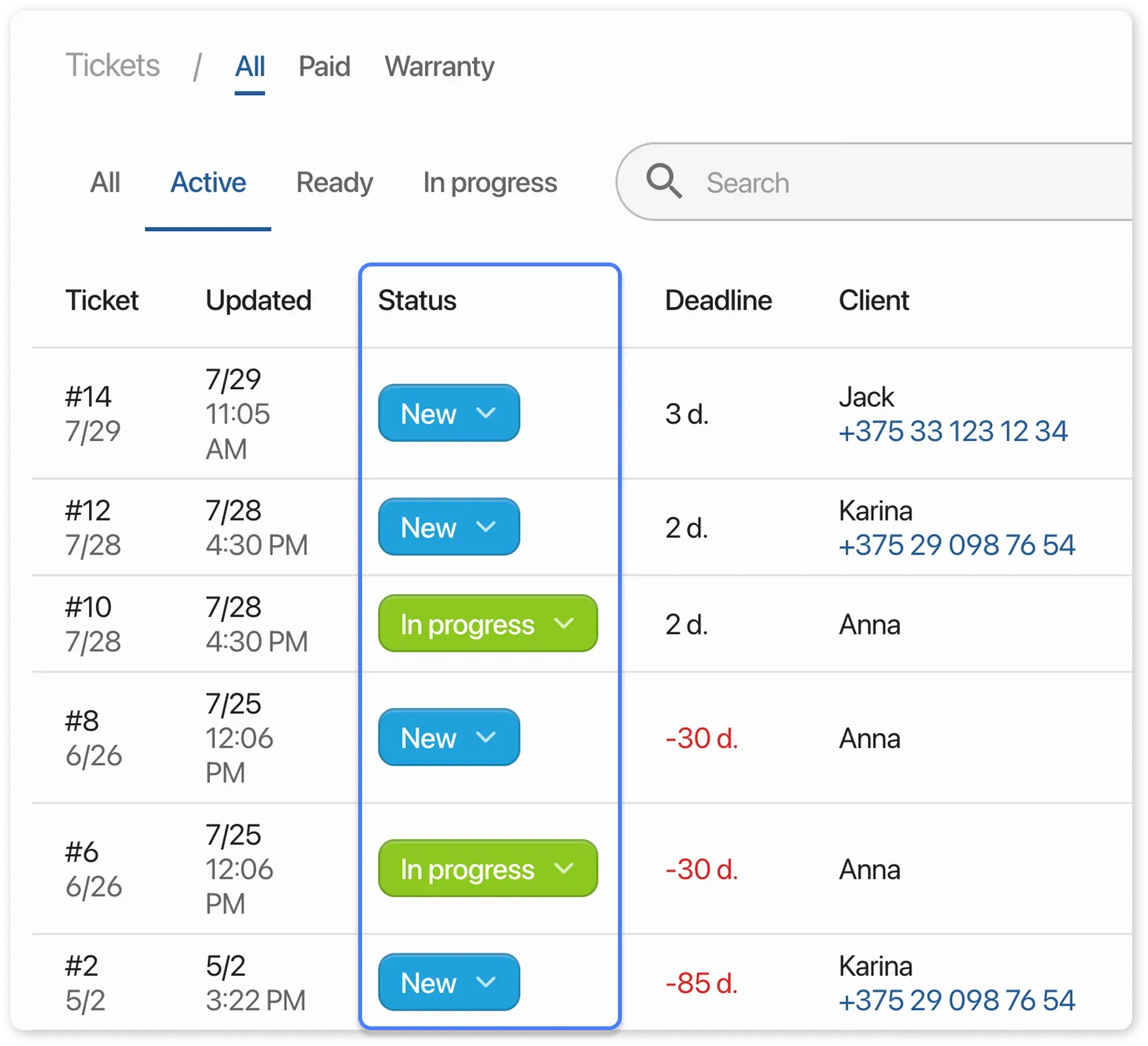 Personal filters in the order table
