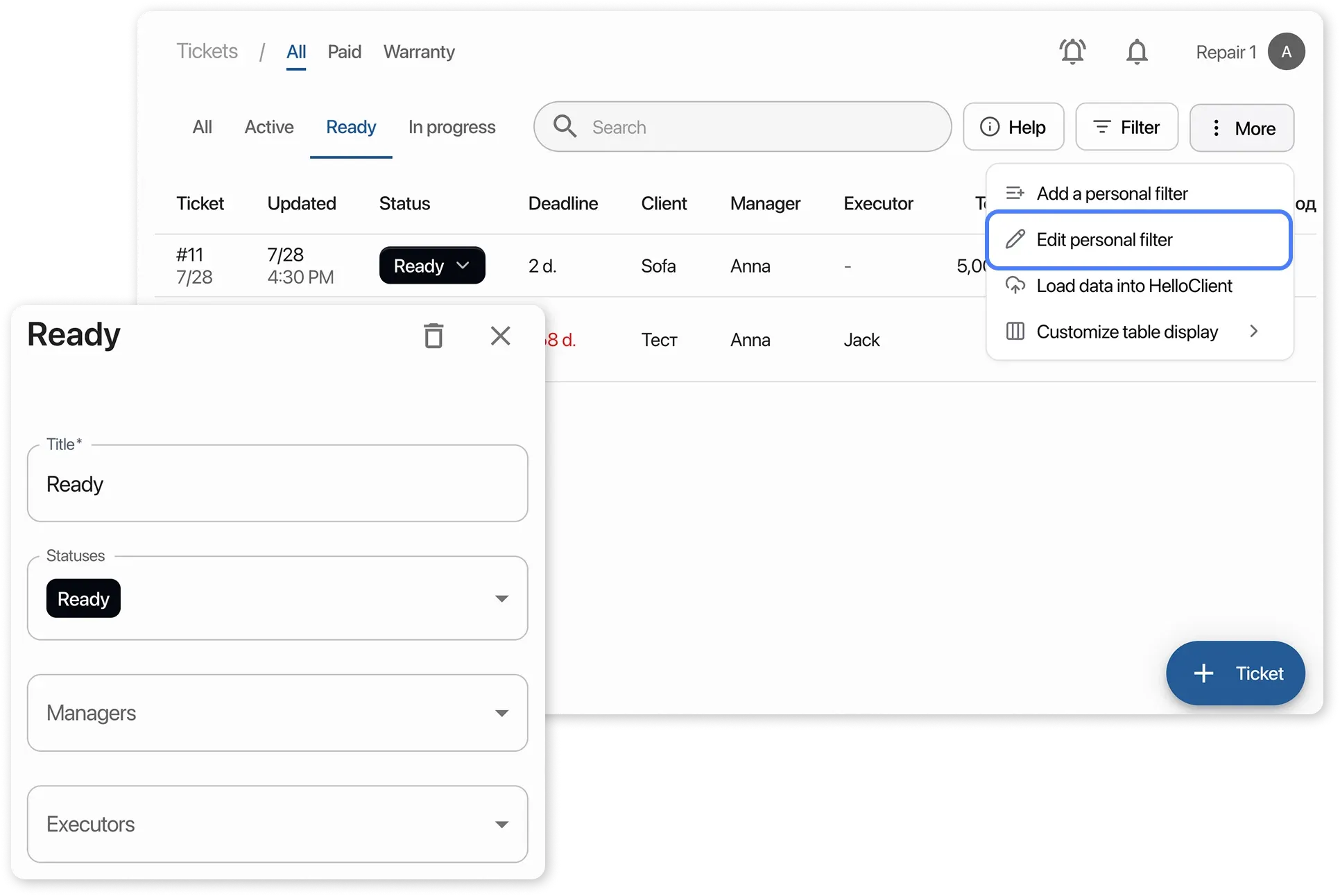 Personal filters in the order table