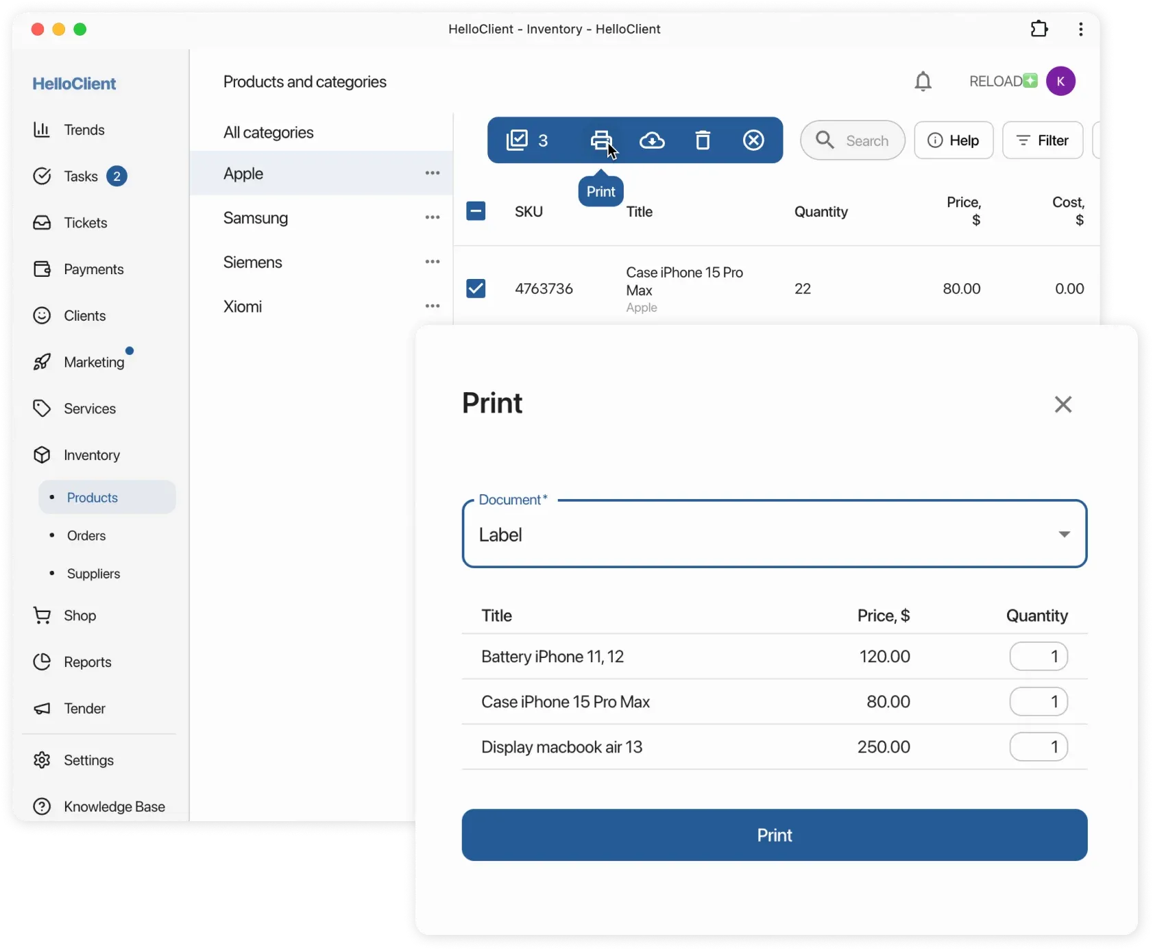 Printing price tags from HelloClient