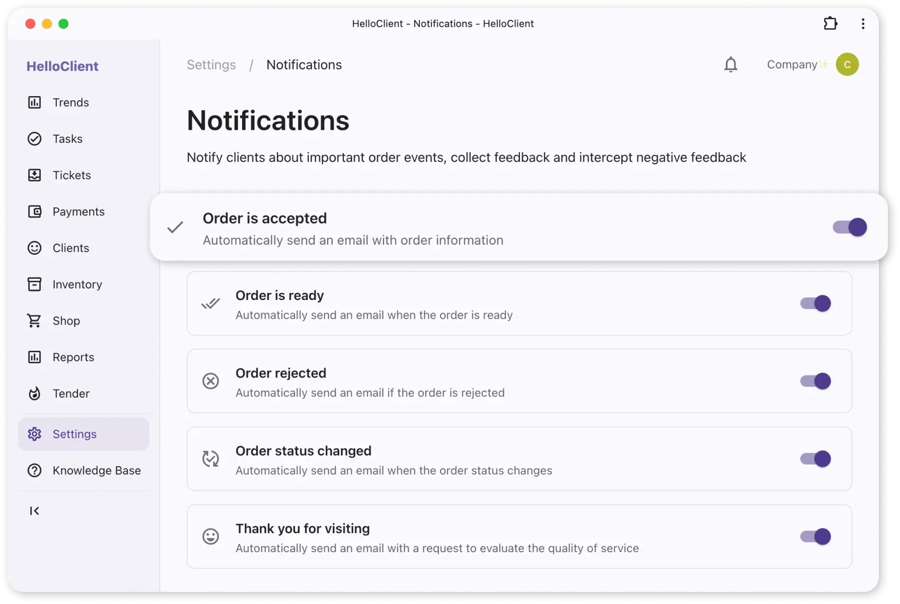 Notification settings in CRM