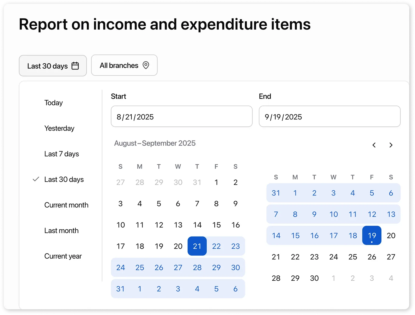 Period and location filters in the report