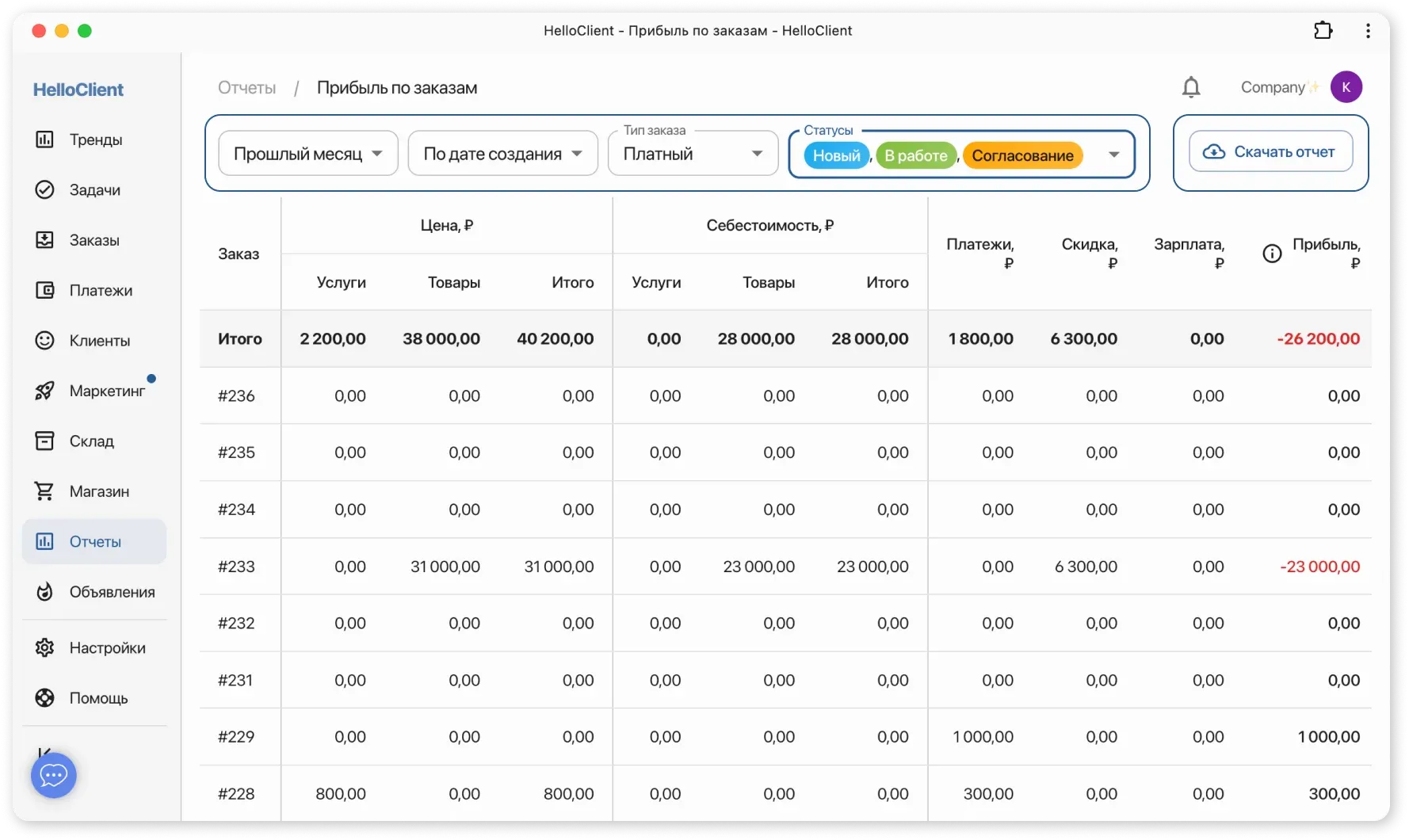 Настройка отчета