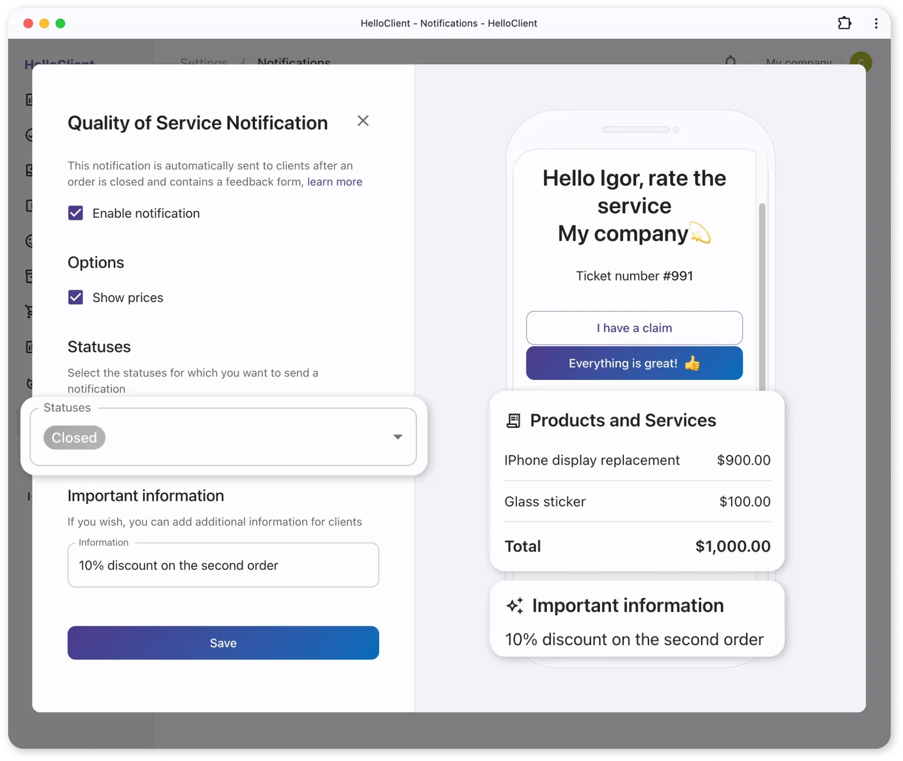 Setting up a notification asking to rate the service