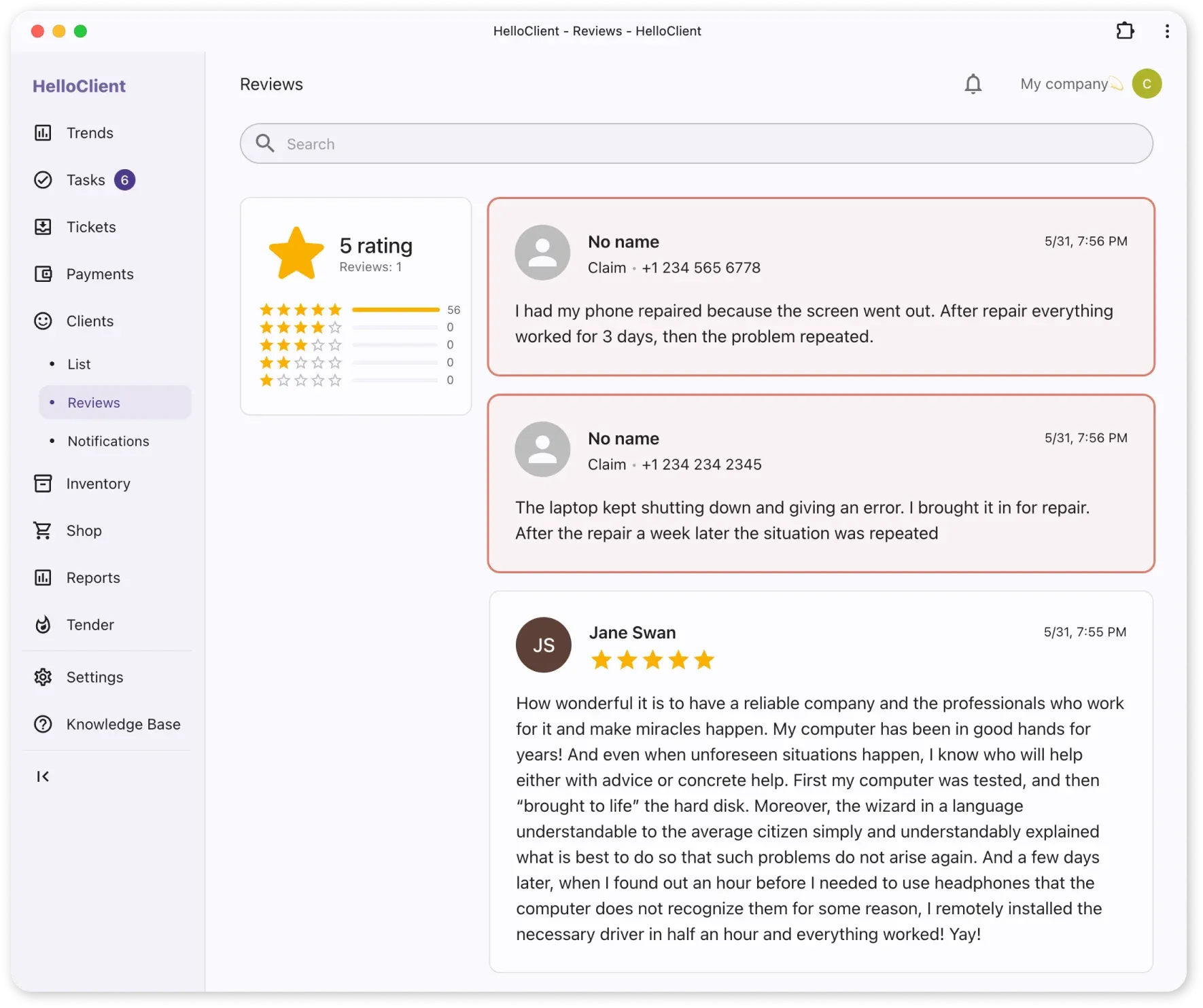 Negative reviews in the HelloClient dashboard