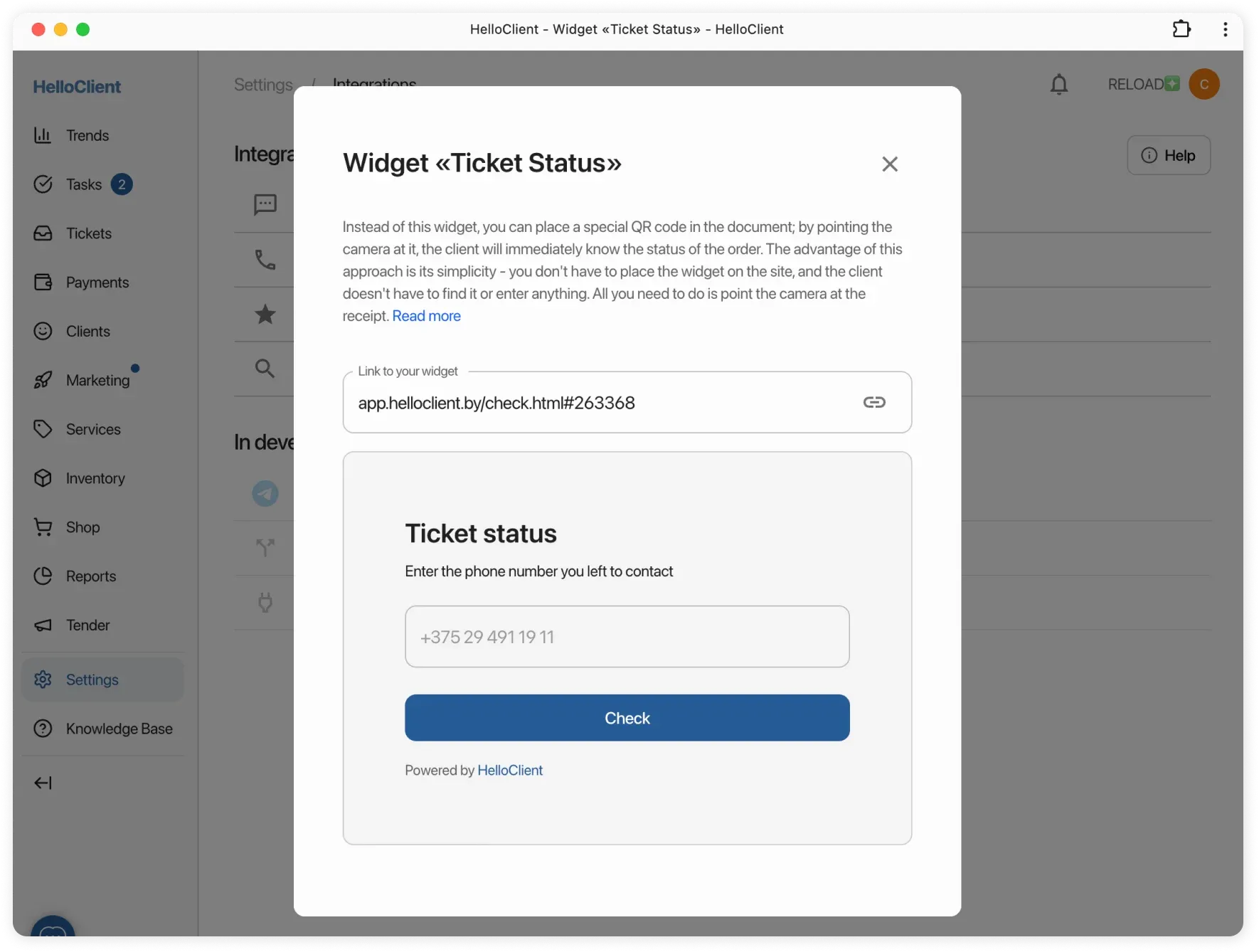 Order status widget setup