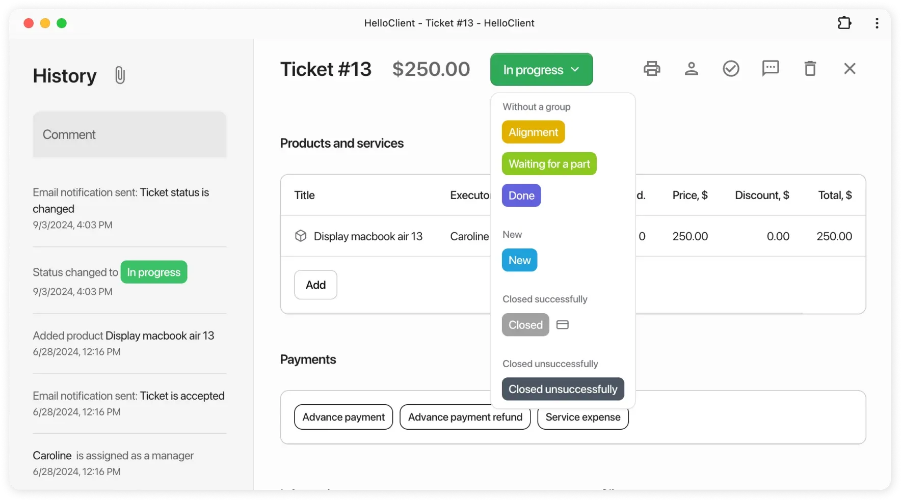 Changing order statuses in HelloClient