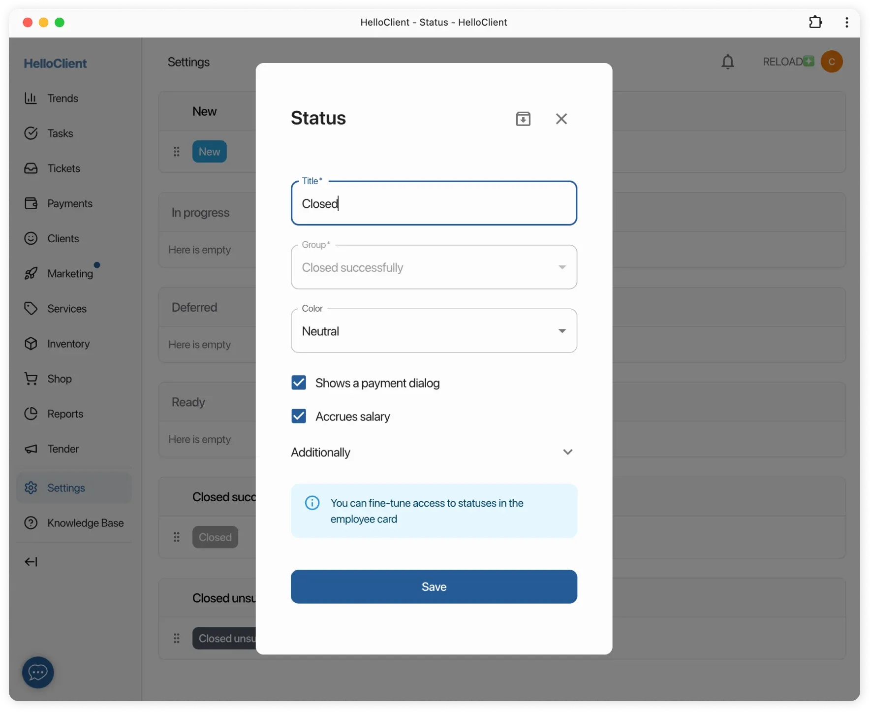 Settings for order-closing status