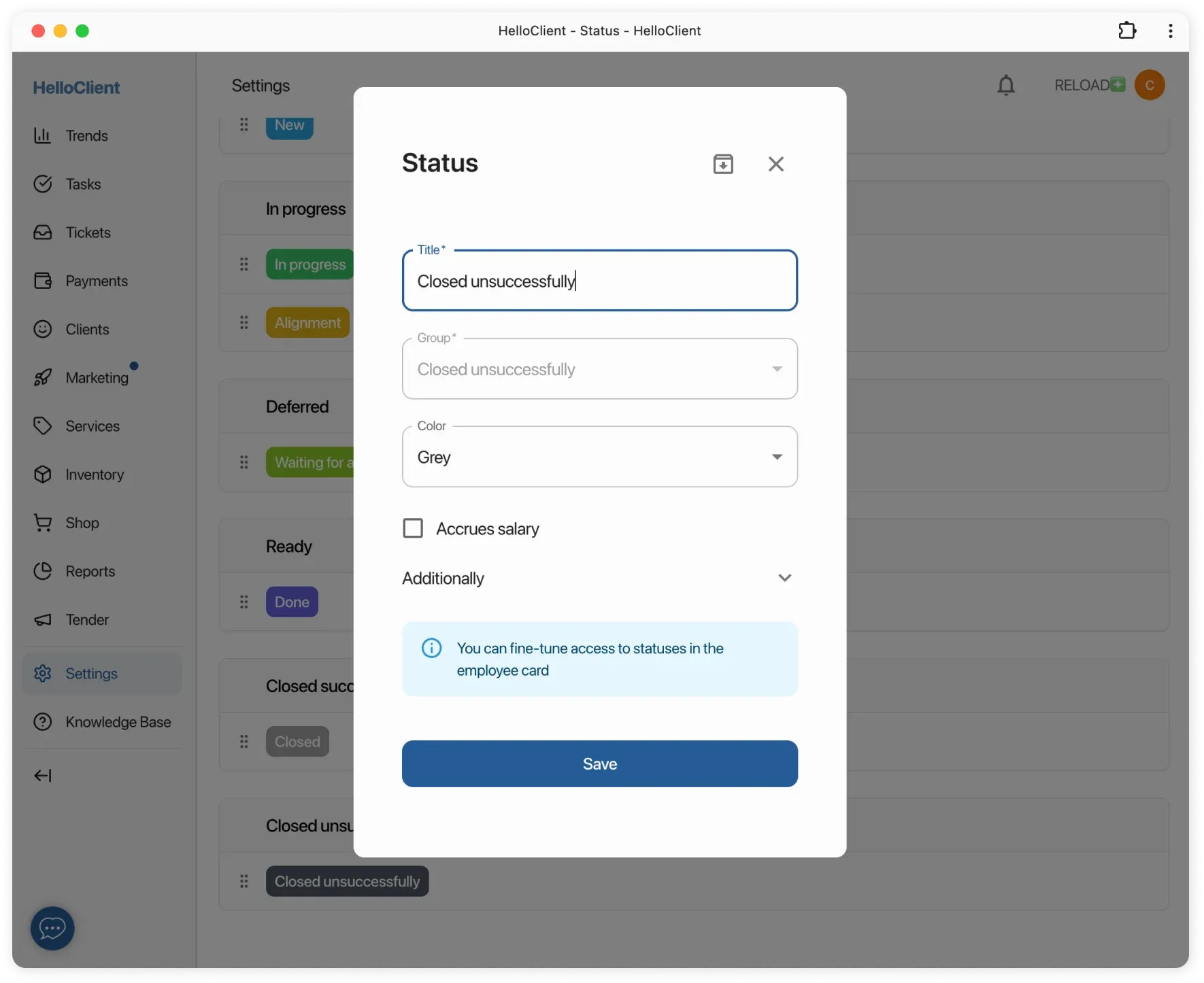 Settings for "Closed without payment" status