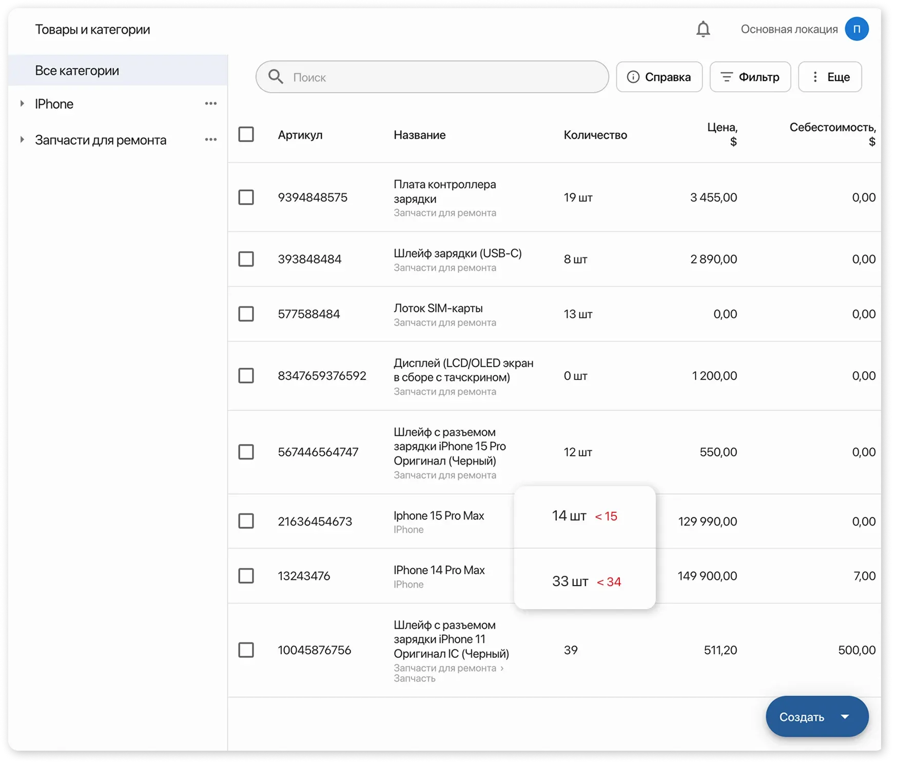 Минимальные остатки - склад