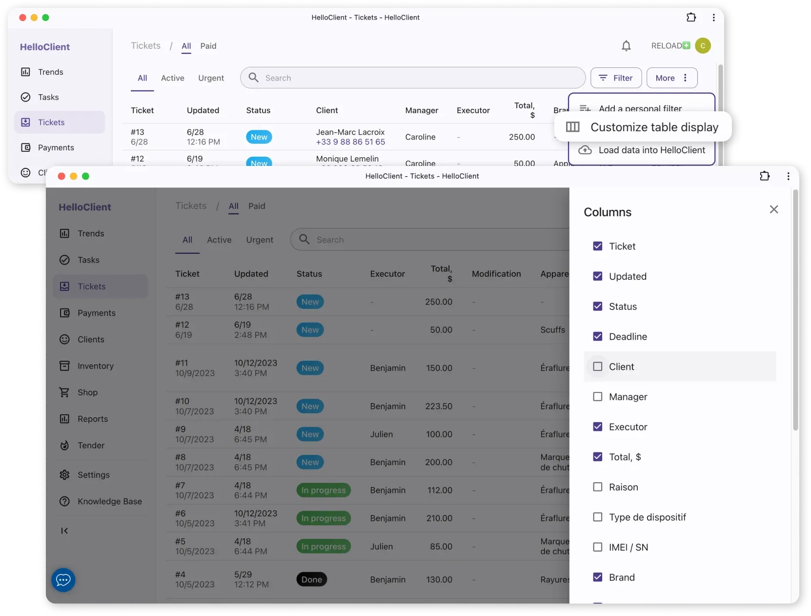 Display configuration and filtering