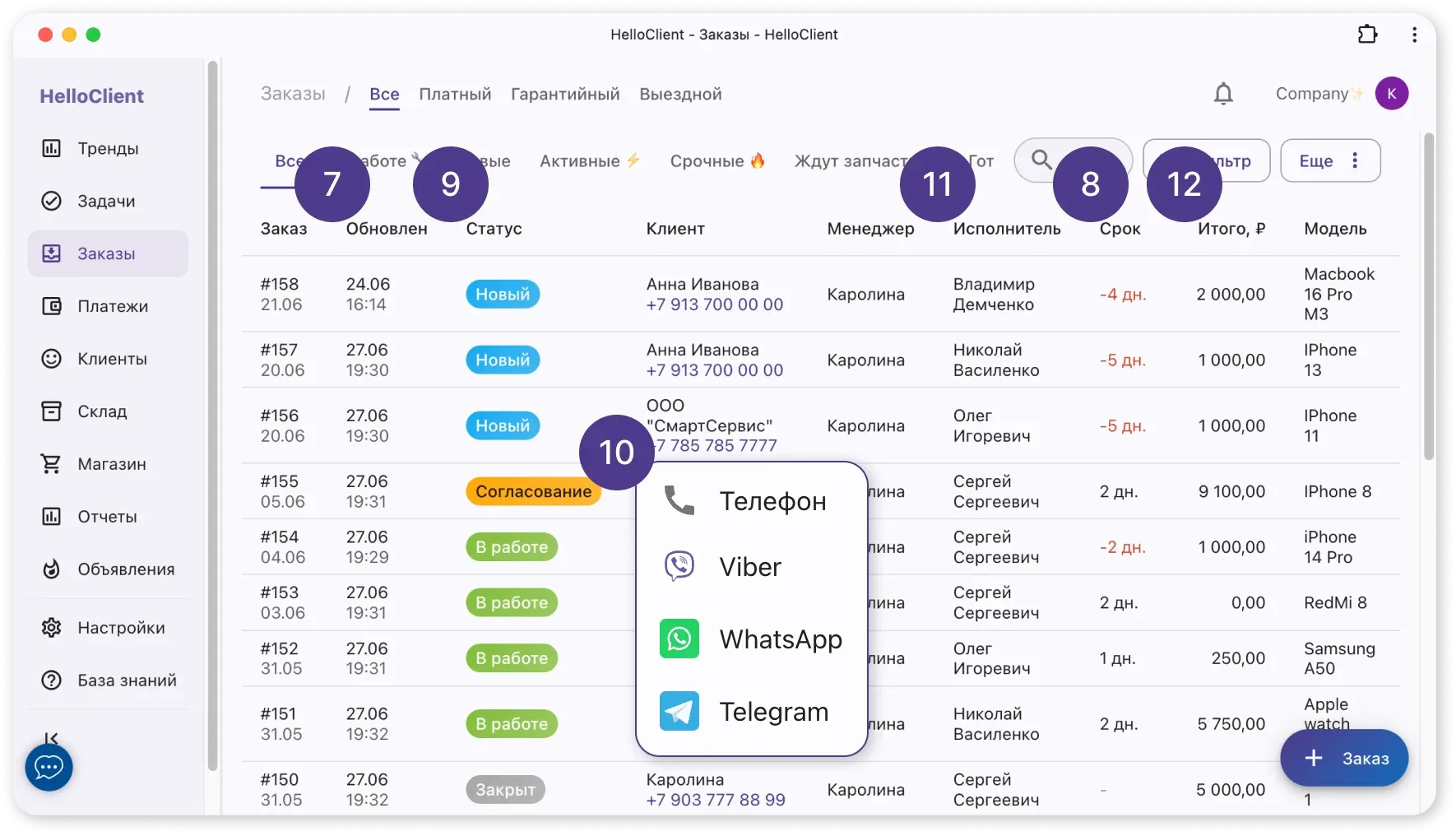 Возможности таблицы заказов