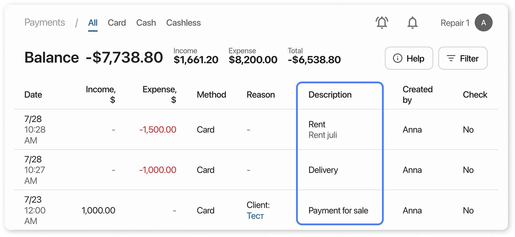 Payments - description