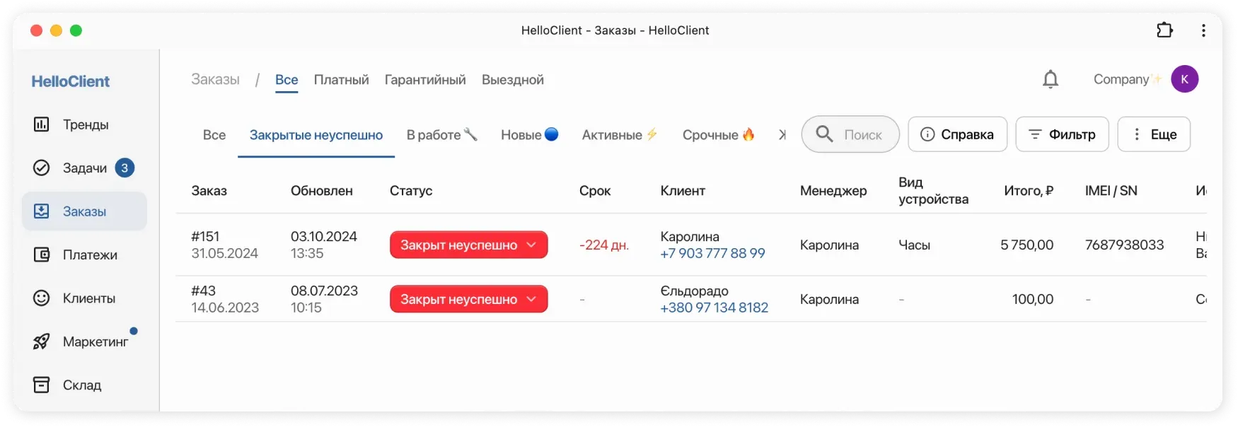 Заказы, закрытые без оплаты