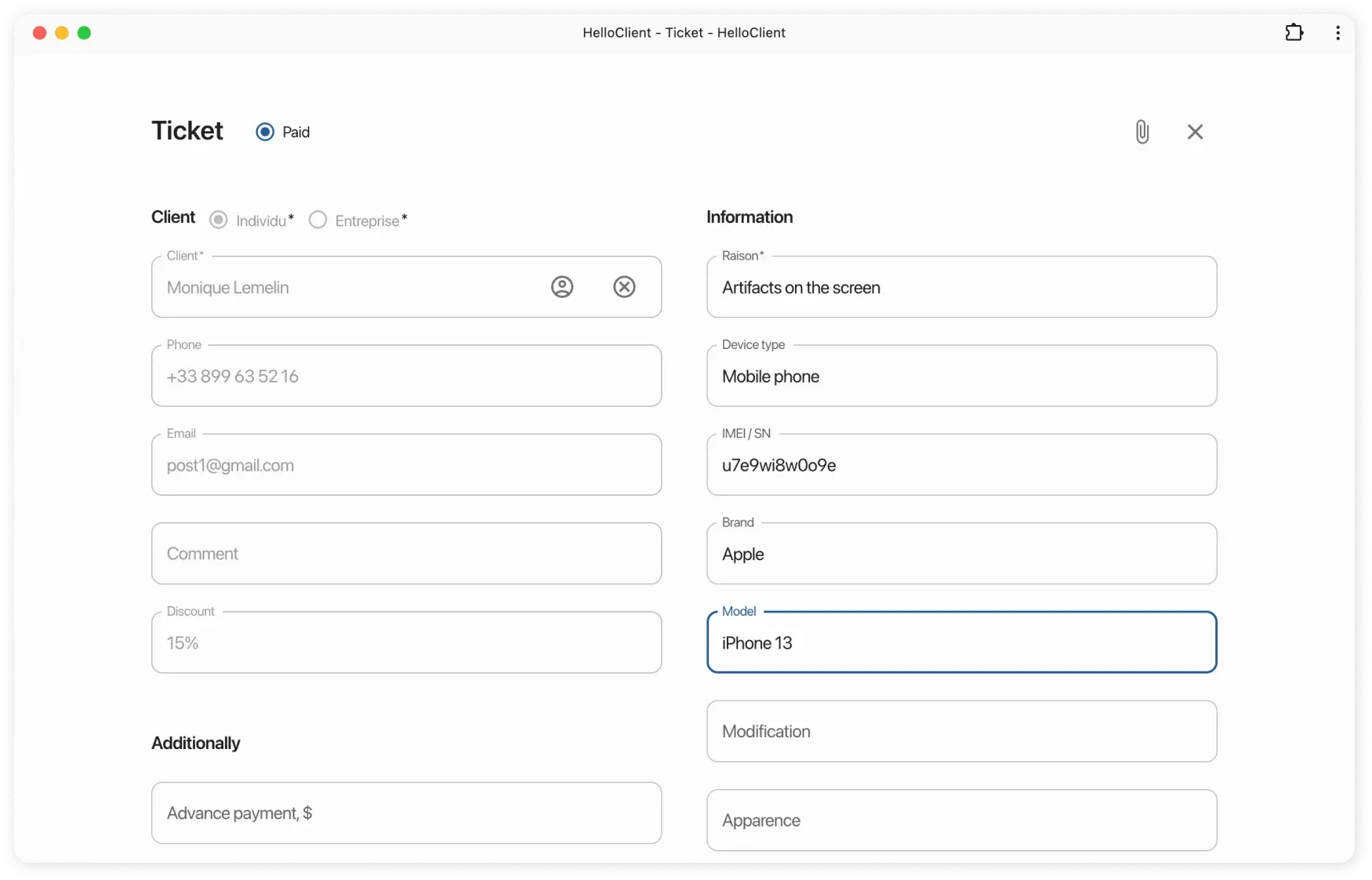 Fields in order creation card